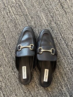 Steve Madden Black Leather Slip-On Mule with Gold Horsebit